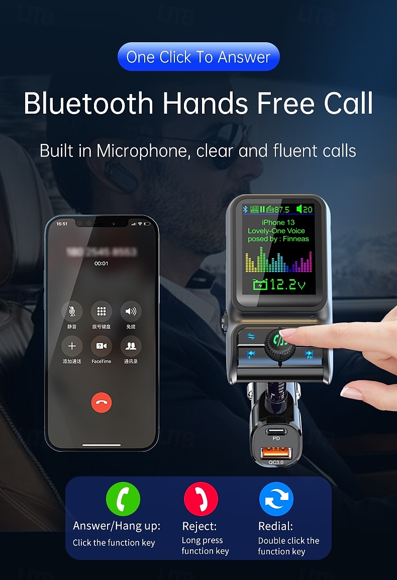 умное автомобильное зарядное устройство Bluetooth pd3.0 qc3.0 eq sound fm передатчик с цветным дисплеем aux автомобильный комплект windows bc85 2025 - $25.99 –P8