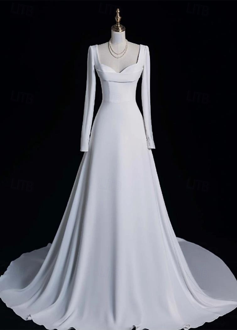 Wedding Dresses A-Line Notch lapel collar Long Sleeve Court Train Satin Bridal Gowns With Solid Color 2025 - $174.99 –P1
