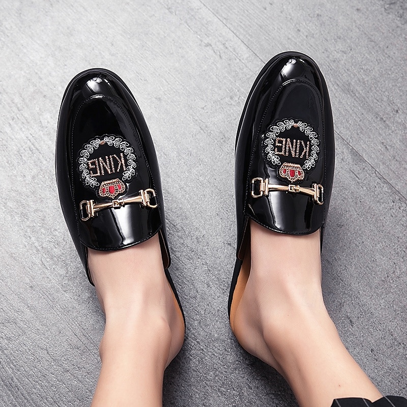 Herren-Loafer aus besticktem Lackleder, Pantoletten zum Hineinschlüpfen ohne Fersenteil mit Kronenemblem und Metallschnallendetail, perfekt für elegante und legere Anlässe 2025 - $42.99 –P1
