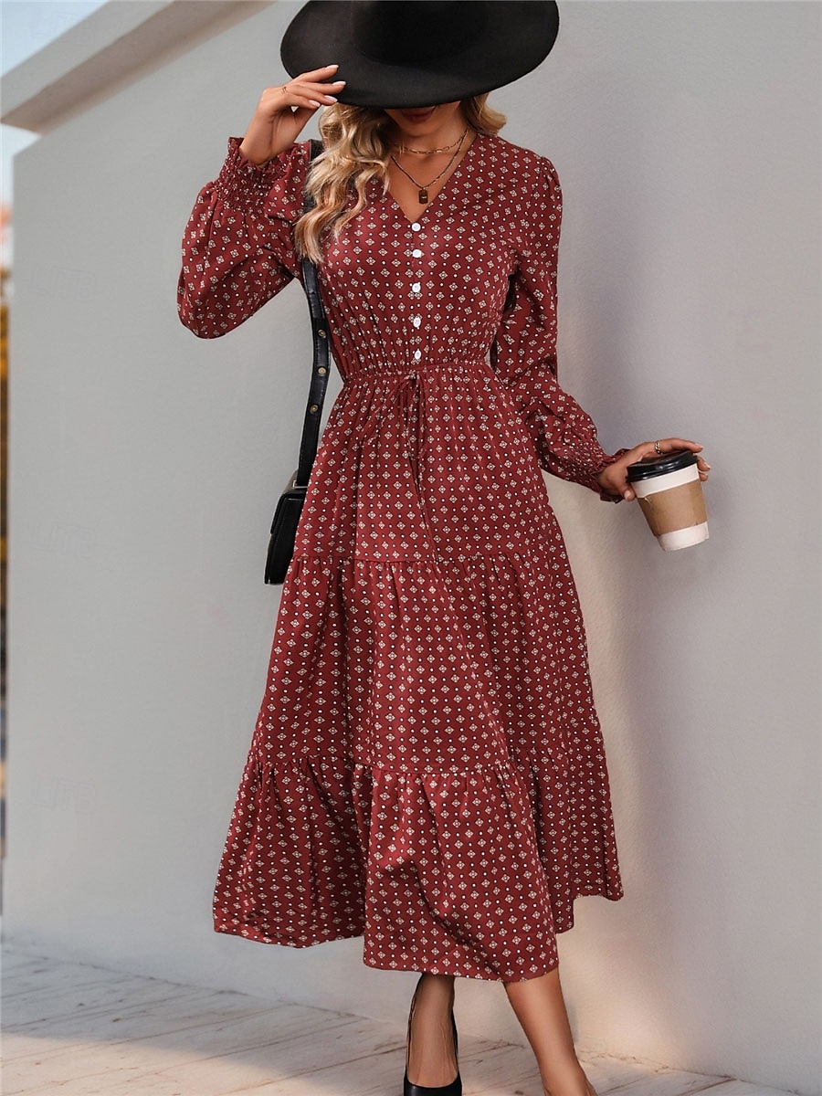 Femme Robe mi-longue Robe casual Robe Évasée Robe Trapèze Décontractées du quotidien Standard Floral manche longue Col V Vin Printemps Automne de 2025 ? $50.99 –P7