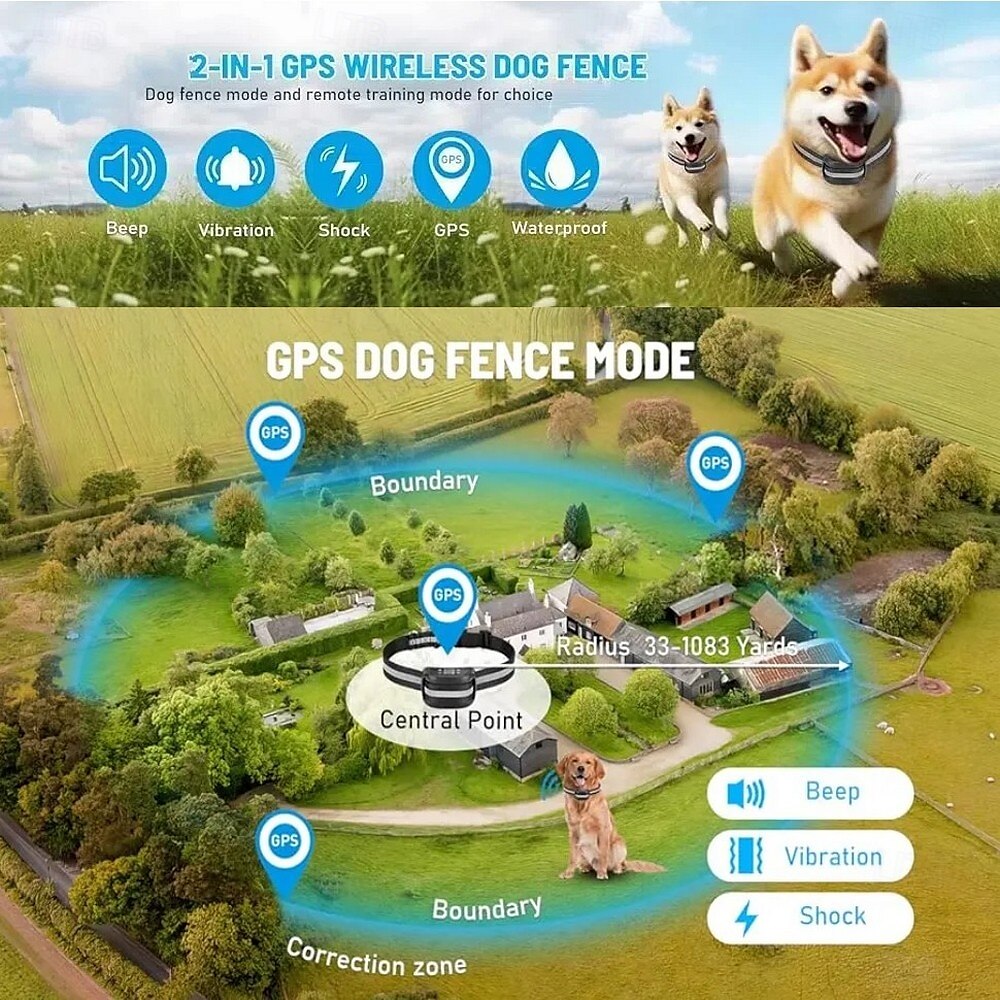 2 In 1 Outdoor Dog Pets GPS Fence & Training Collar Anti Runaway Wireless Boundary Containment Easy Setup Waterproof Rechargeabe 2025 - $136.99 –P3