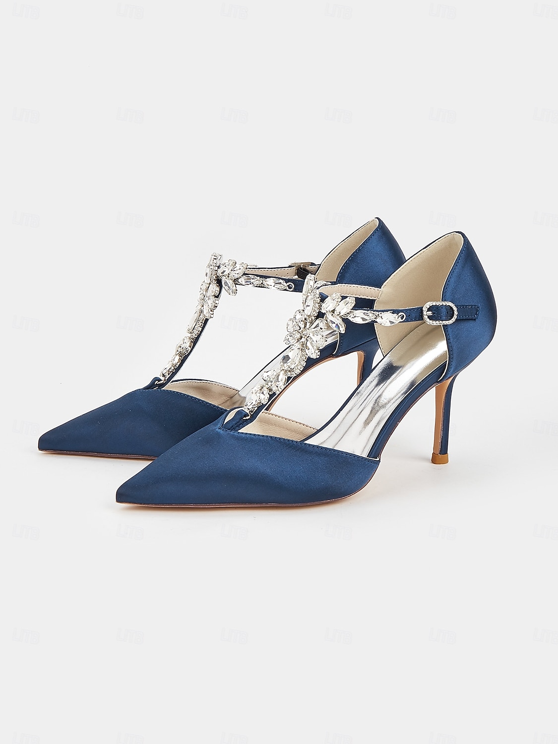 Escarpins à brides en satin bleu marine pour femmes – chaussures de cocktail à bout pointu avec ornements en cristal pour mariages et soirées de 2025 ? $64.99 –P3