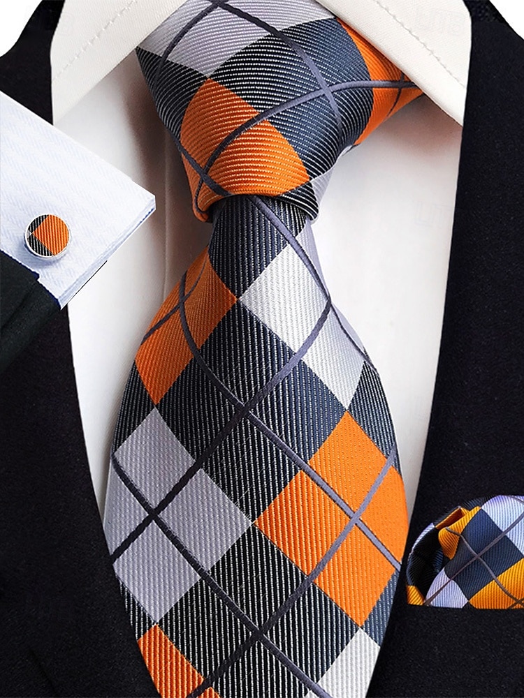 Men's Orange and Navy Plaid Necktie Set with Pocket Square and Cufflinks – Stylish Formal Accessory for Weddings and Business Attire 2025 - $14.99 –P1