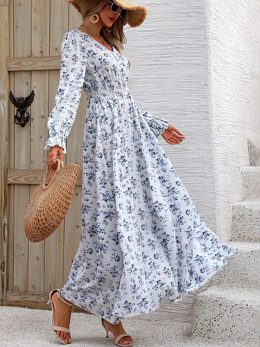 Damen Maxidress Casual kleid Schaukelkleid A Linie Kleid Boho-Kleid Brautkleider schlicht Täglich Regular Fit Blumen Langarm V Ausschnitt Schwarz Weiß Grün Sommer Frühling Herbst 2025 - $33.99 –P10