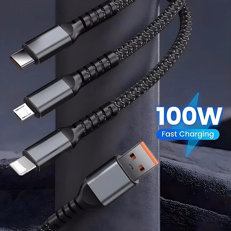 3-in-1 100 watin pikalatauskaapeli älykäs supernopea lataustuki moniliitäntäinen lataus usb visuaalinen virtalatauskaapeli yhteensopiva Applen samsung oppo auton pikalatauskaapelin kanssa 2025 - €10.99 –P2