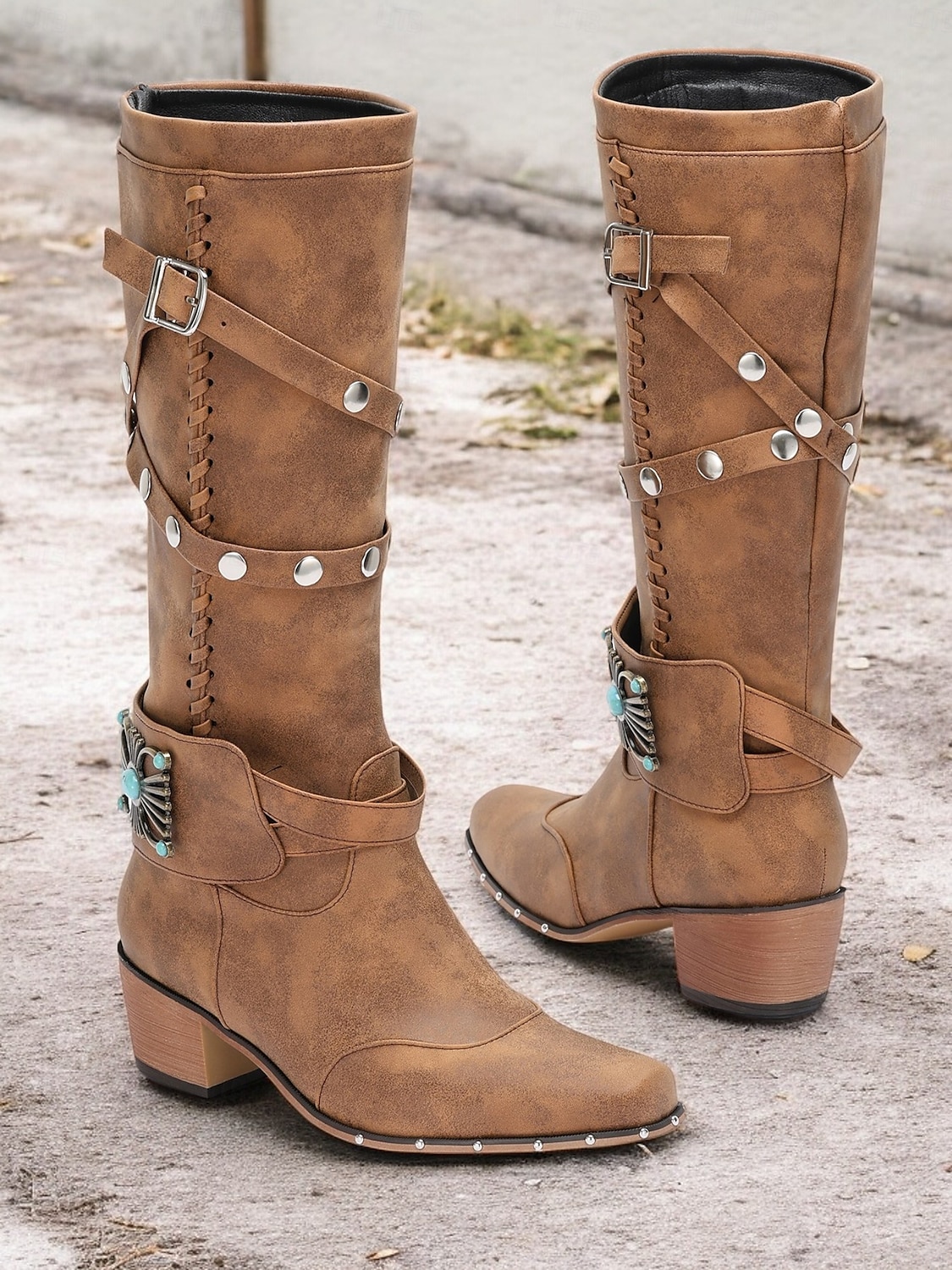 damskie buty kowbojskie w stylu western – zabytkowe buty sięgające do kolan, z ćwiekami, turkusową klamrą i sznurowadłami, idealne na rodeo i do stylu rustykalnego 2025 - $59.99 –P2