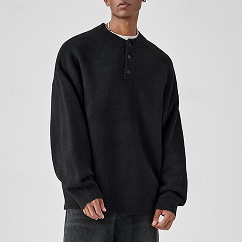 Men's Pullover Sweater Jumper Knit Sweater Pullover Polo Sweater Ribbed Knit Regular Knitted Plain Henley Fashion Basic Vacation Daily Wear Clothing Apparel Fall & Winter Black Light Grey M L XL 2025 - $23.99 –P16