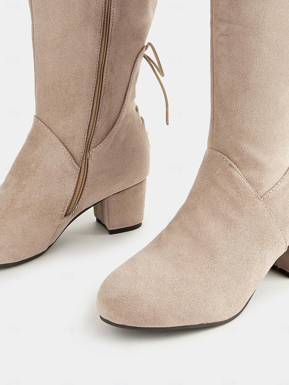 bottes hautes en daim beige à mollet large pour femmes avec talons épais – chaussures confortables et élégantes pour les tenues décontractées et hivernales de 2025 ? $64.99 –P5