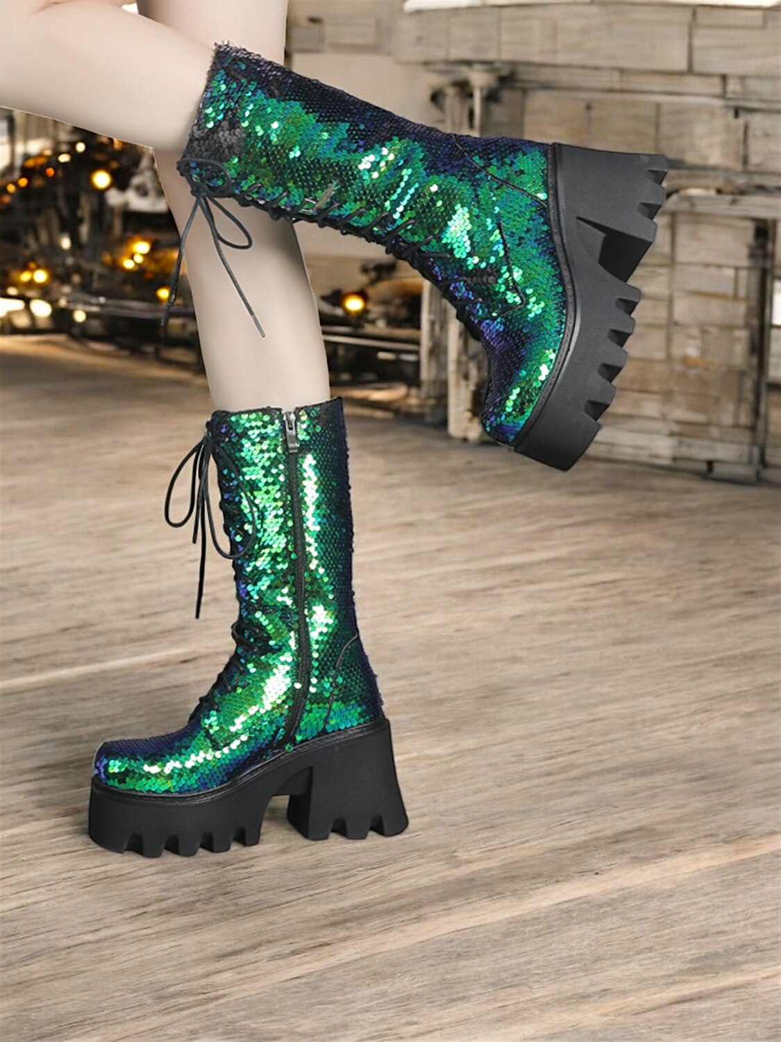 Botas de plataforma con cordones y lentejuelas para mujer: botas de tacón grueso brillantes en verde y azul para fiestas, festivales y cosplay 2025 - $84.99 –P4