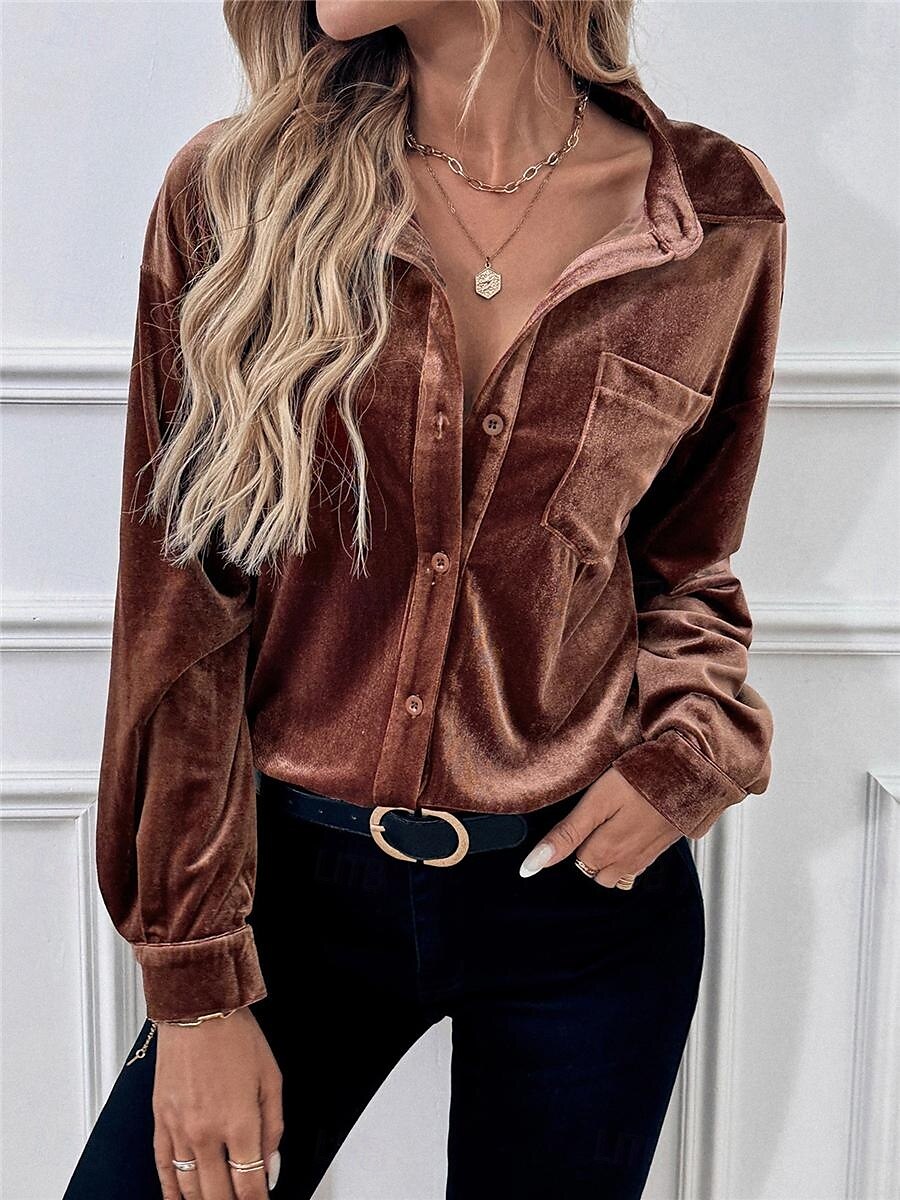 Dames Overhemd Blouse Effen Kleur Basic Casual Lange mouw V-hals Normale tops Dagelijks Lapwerk Knop Zak Wijn Bruin Groen Herfst Winter 2025 - $36.99 –P9