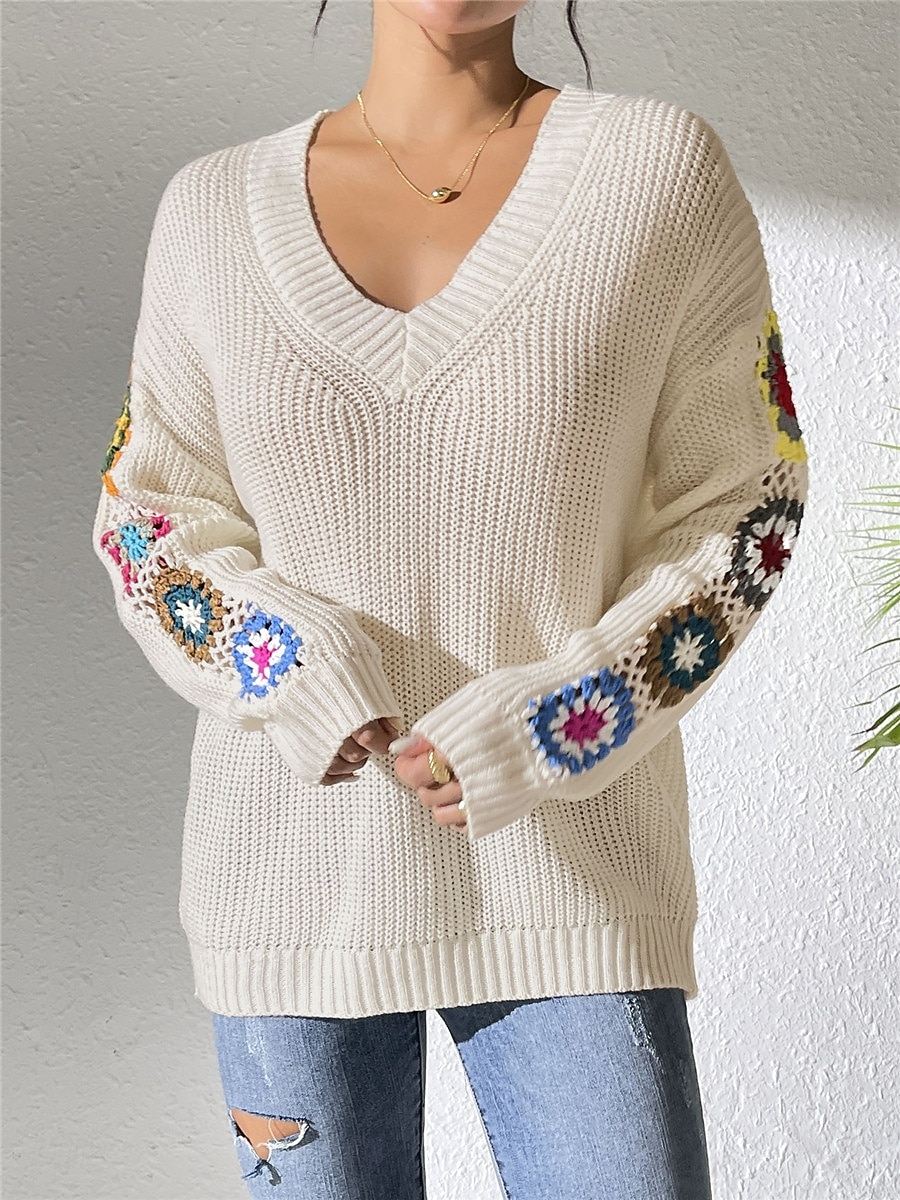 Per donna Felpa Informale Morbido Floreale Uncinetto A V Lavorato a maglia Manica lunga Top regolari Maglia Esterno Giornaliero Fine settimana Nero Bianco Autunno Inverno del 2025 a $31.99 –P10
