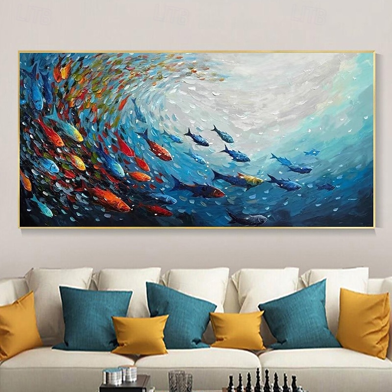 Pintura en lienzo de peces marinos azules abstractos hecha a mano, arte nórdico, grafiti, tamaño grande, decoración moderna para sala de estar, imagen sin marco 2026 - $131.99 –P6