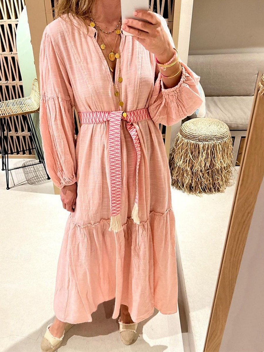 Dam Maxiklänning Linneinspirerade klänningar Vardagsklänning Swingklänning Vanlig klänning Ledigt Sport & Utomhus Gata Normal Slät Långärmad V-hals Rodnande Rosa Vår Höst 2025 - $52.99 –P6