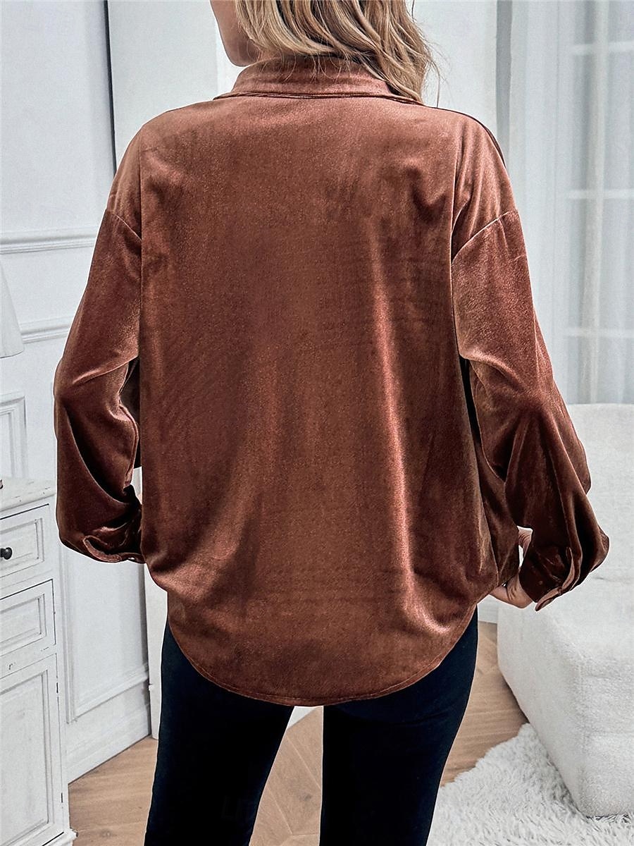 Dames Overhemd Blouse Effen Kleur Basic Casual Lange mouw V-hals Normale tops Dagelijks Lapwerk Knop Zak Wijn Bruin Groen Herfst Winter 2025 - $36.99 –P10