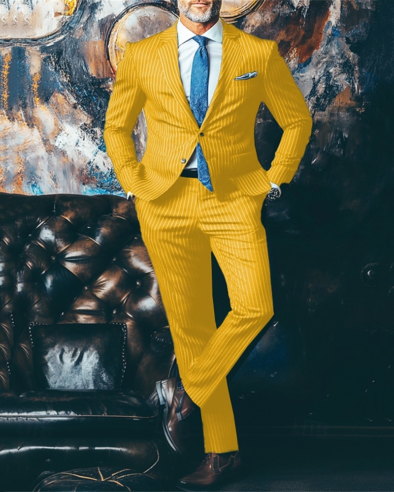 Hombre Trajes chaqueta Negocio Fiesta de Cóctel Fiesta de Boda Moda Casual Primavera & Otoño Poliéster Rayas Botones Bolsillo Cómodo Botonadura Simple Chaqueta de sport Amarillo Azul Piscina Morado 2026 - $91.99 –P9