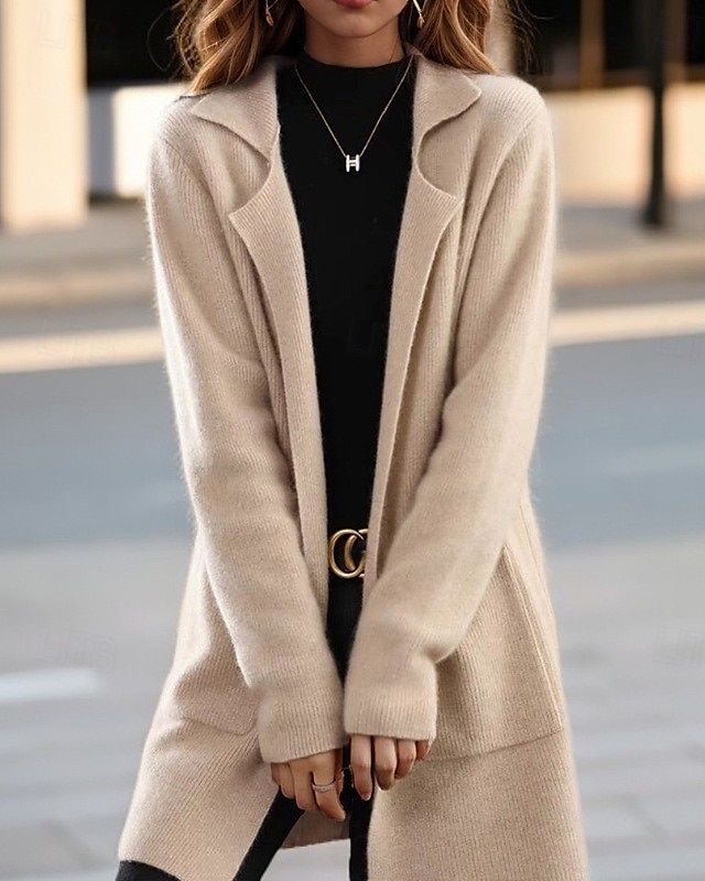 Women's Sweater Cardigan Sweater Jacket Shirt Collar Knit Pocket Knitted Spring Fall Home Daily Weekend Elegant Daily Casual Long Sleeve Pure Color Black Camel 2025 - $56.99 –P2