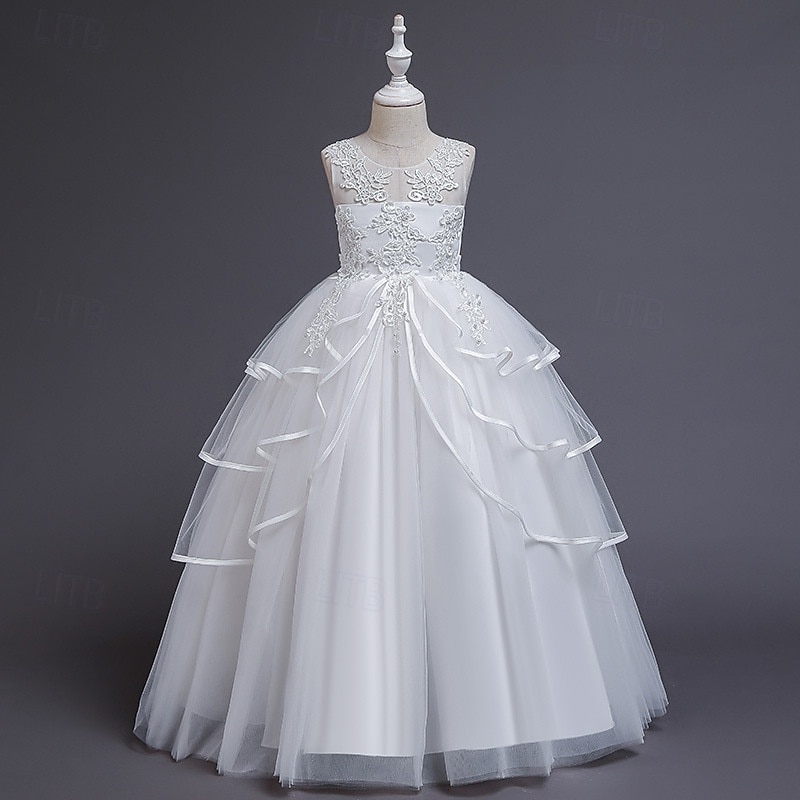 Robe de Demoiselle d'Honneur Fille enfants Fille Robe de princesse Utilisation Mariage Soirée Elégant Magnifique Maille Couleur unie Sans Manches Col Ras du Cou Blanche Rose Claire 4 ans et + de 2025 ? $38.99 –P2