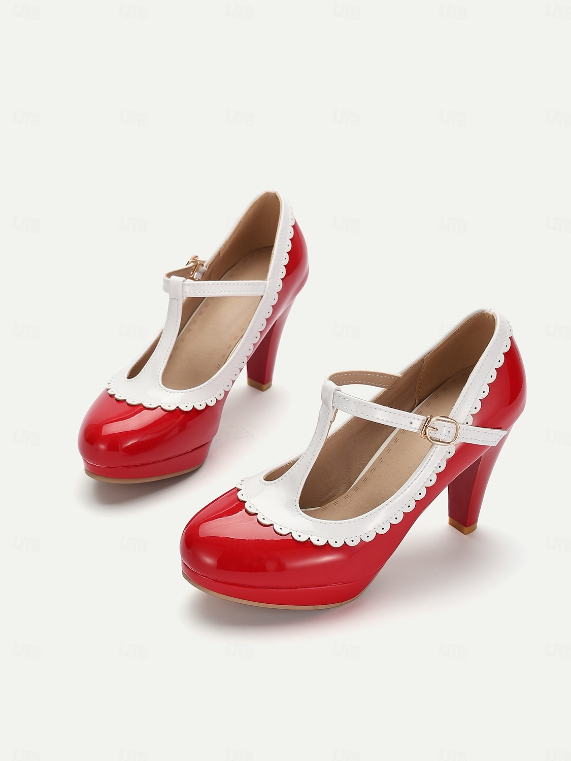vintage piros lakkbőr mary jane sarkú fehér kagylószegéllyel – női t-pántos cipő cosplayhez, retro bulikhoz és különleges alkalmakra 2025 - $46.99 –P1
