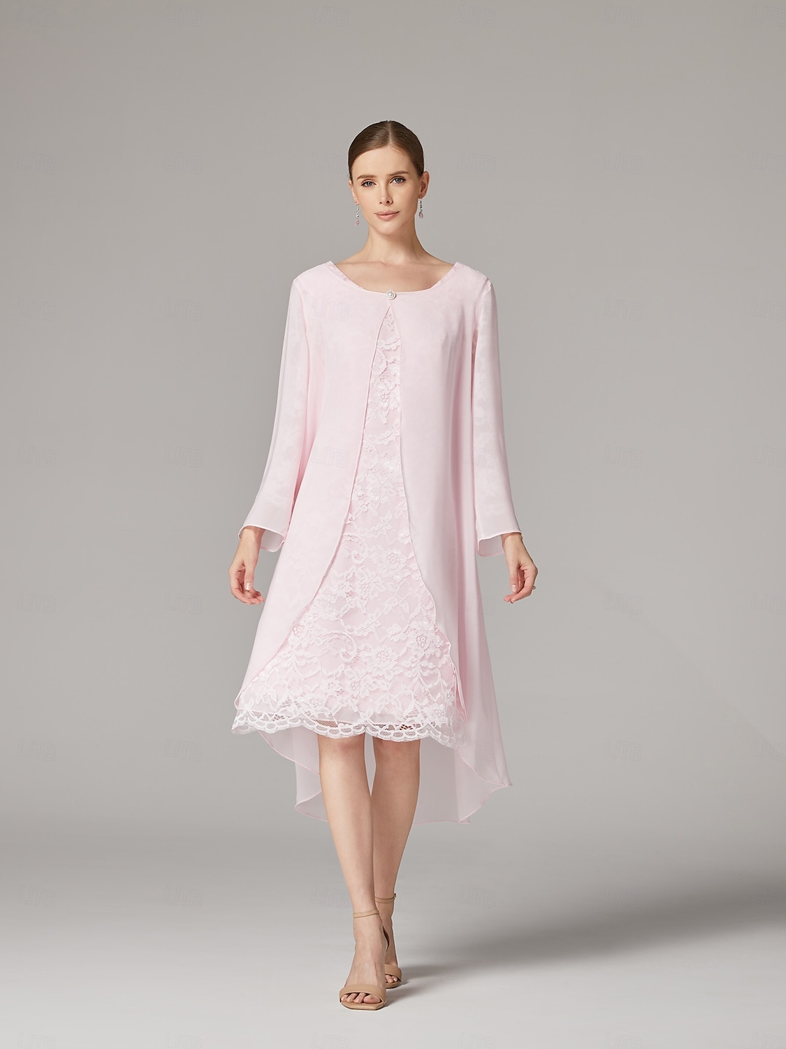 Two Piece A-Line Dress Beach Wedding Suit Mother of the Bride Dress Elegant Plus Size Jewel Neck Tea Length Chiffon Lace Short Sleeve Jacket Dresses with Solid Color 2025 - $149.99 –P8