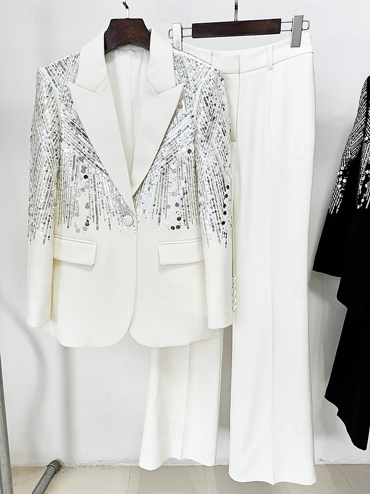 Two Piece Pantsuit Evening Gown Vintage Dress Tuxedo Dress Formal Wedding Floor Length Long Sleeve Shirt Collar  with Glitter 2025 - $199.99 –P4