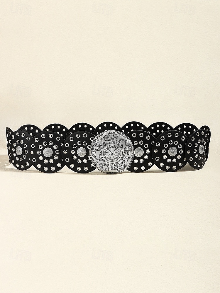 Women's Brown Faux Leather Belt with Perforated Circles and Intricate Metal Buckle - Bohemian Chic Fashion Accessory 2025 - $18.99 –P13