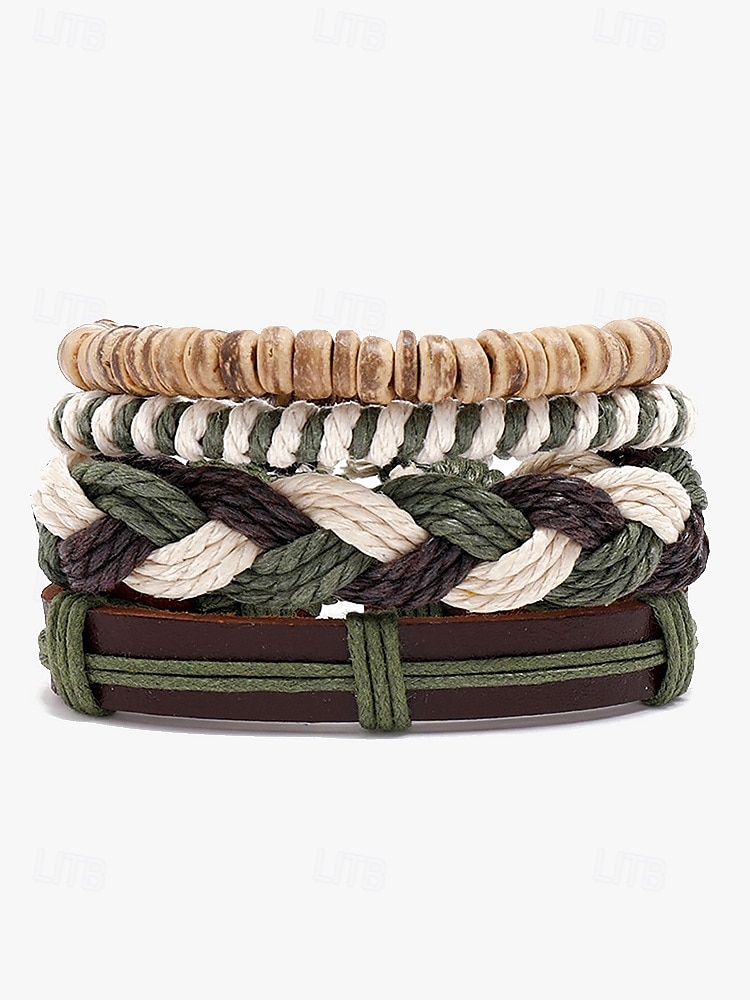 Men's Vintage Woven Bracelet Set – Multi-Layered Braided Leather and Rope Bracelets with Natural Bead Accents, Boho Style Accessory 2025 - $11.99 –P2