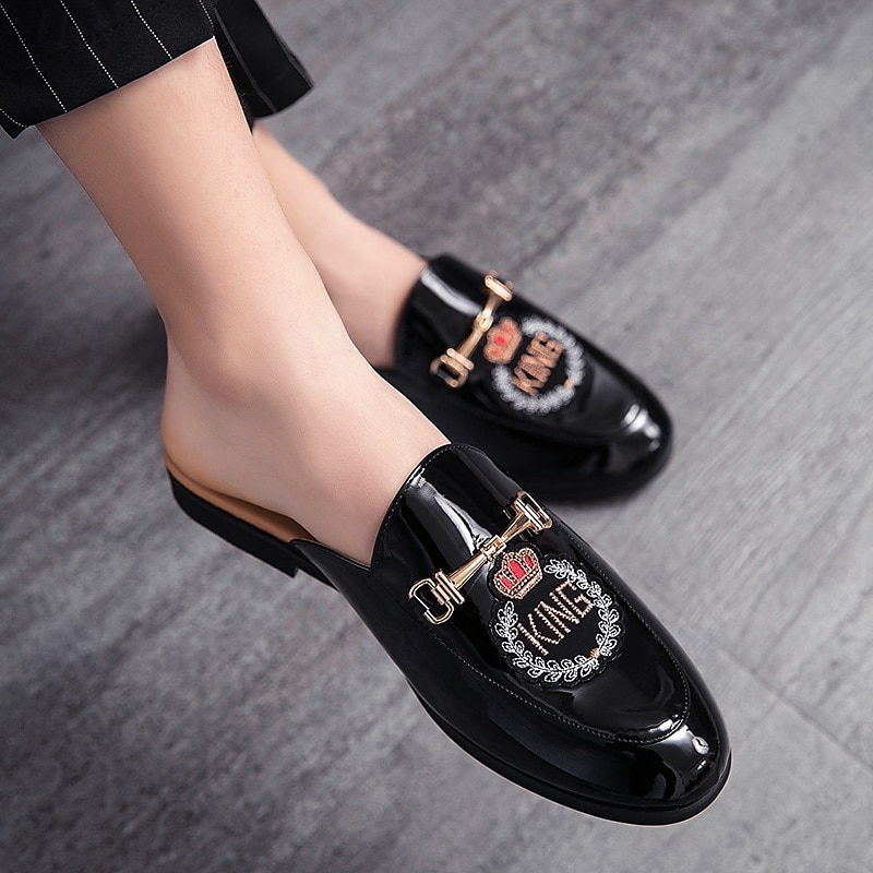 Herren-Loafer aus besticktem Lackleder, Pantoletten zum Hineinschlüpfen ohne Fersenteil mit Kronenemblem und Metallschnallendetail, perfekt für elegante und legere Anlässe 2025 - $42.99 –P2