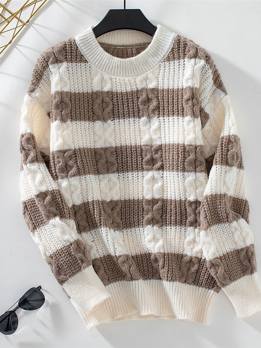 Per donna Felpa Informale Morbido A strisce A coste Girocollo Lavorato a maglia Manica lunga Top regolari Maglia Esterno Giornaliero Fine settimana Nero Caffè Autunno Inverno del 2025 a $44.99 –P9