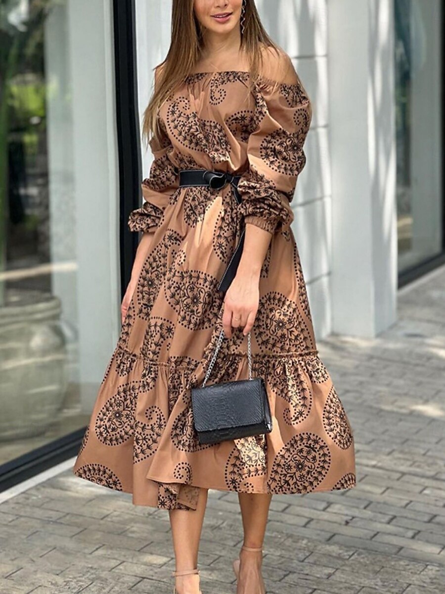 Damen Maxidress Casual kleid Schaukelkleid A Linie Kleid Brautkleider schlicht Täglich Regular Fit Blumen Langarm Schulterfrei Braun Sommer Frühling Herbst 2025 - $46.99 –P3