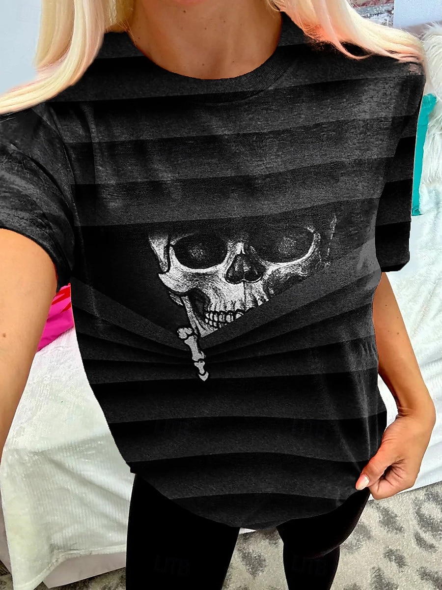 Women's T Shirt Skull Casual Short Sleeve Round Neck Regular Tops Halloween Daily Print Black Summer 2025 - $19.99 –P1
