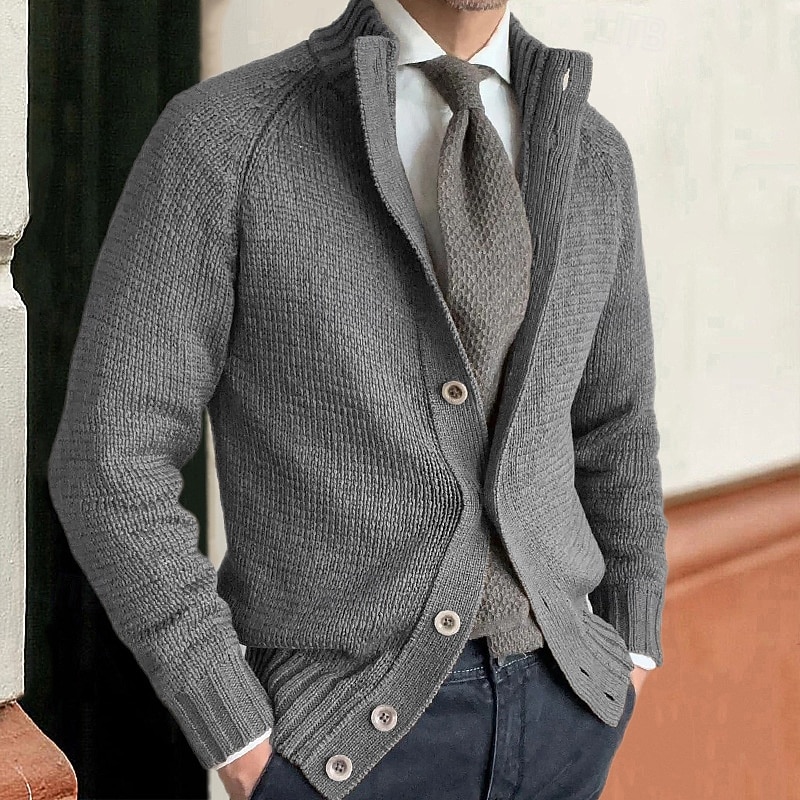 Herren Strickjacke Kurzer Pullover Gerippt Stricken Standard Knopf Feste Farbe Ständer Modisch Klassisch Urlaub Freizeitskleidung Bekleidung Herbst Winter Schwarz Kaki M L XL 2025 - $38.99 –P6