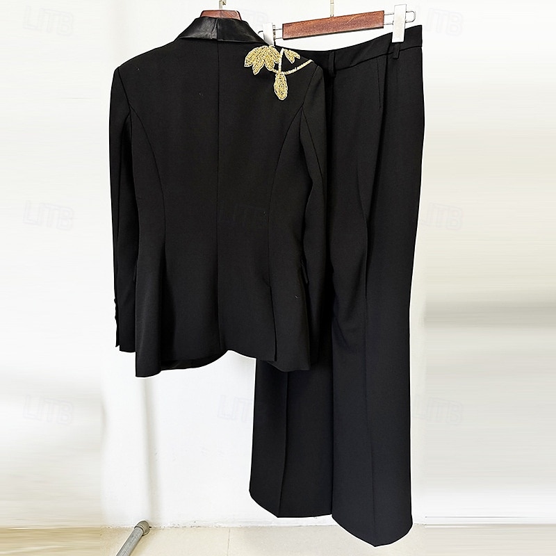 Tuxedo noir et blanc Tuxedo deux pièces Mère de la mariée pantalon blazer costumes vintage formel mariage manches longues col haut avec paillettes et franges de 2025 ? $179.99 –P5