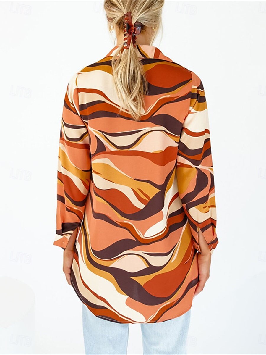 Damen Hemd Bluse Graphic Farbblock Gestreift Basic Brautkleider schlicht Langarm Hemdkragen Normale Oberteile Täglich Knopf Bedruckt Orange Braun Beige Herbst Winter 2025 - $32.99 –P6