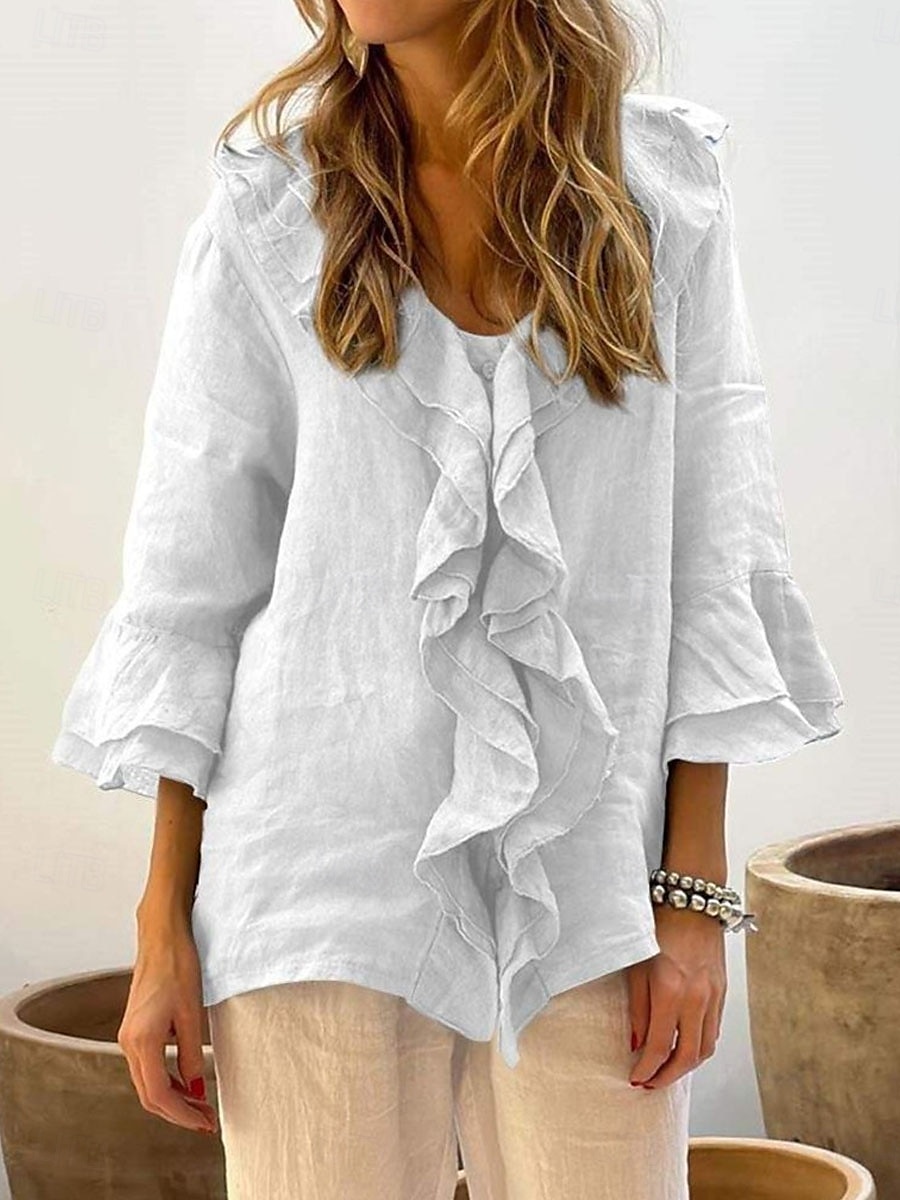Damen Hemd Leinen-inspirierte Hemden Bluse Einfarbig Basic Lässig Langarm V Ausschnitt Normale Oberteile Täglich Rüsche Weiß Grün Grau Herbst Winter 2025 - $29.99 –P4