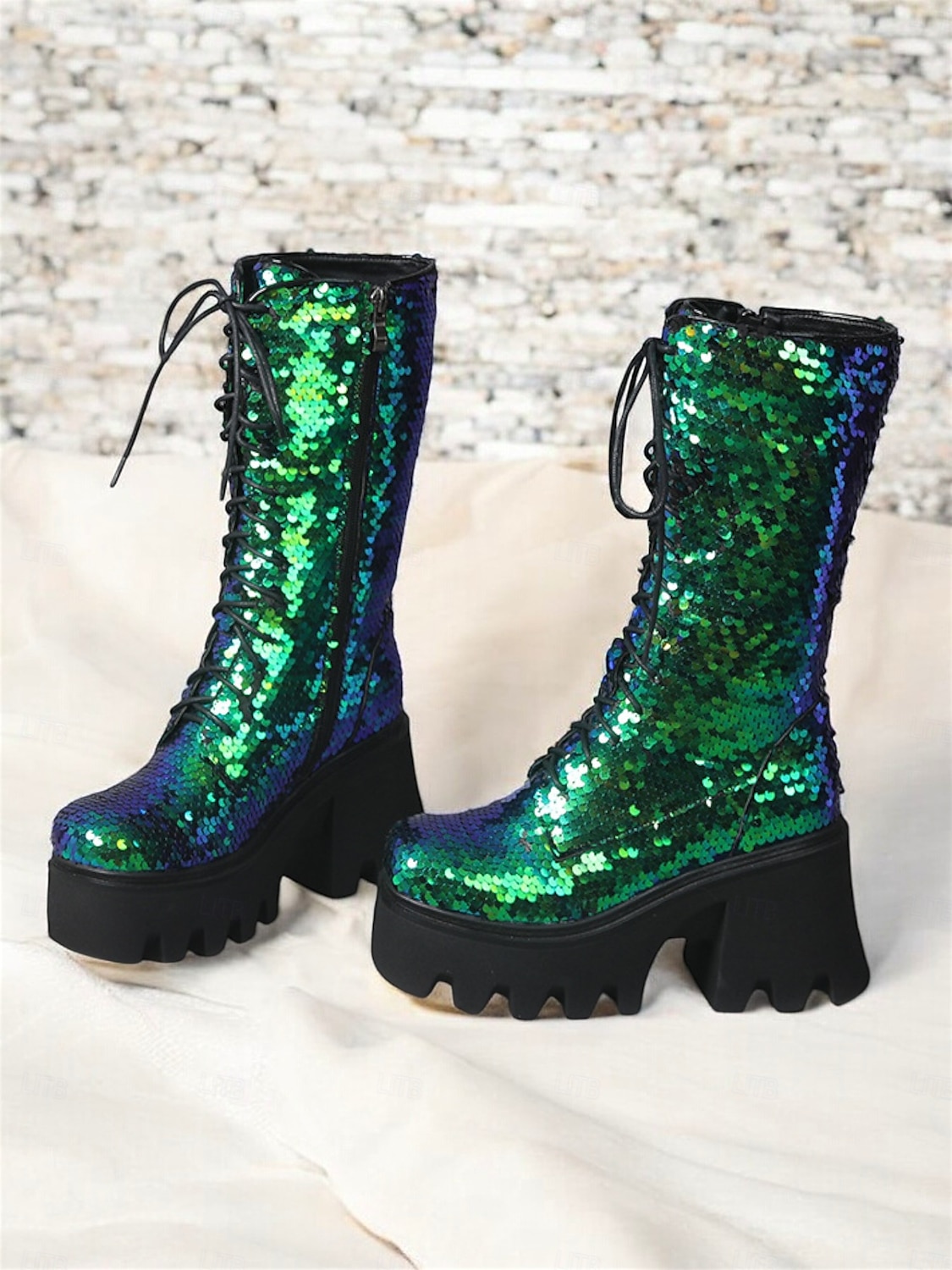 Botas de plataforma con cordones y lentejuelas para mujer: botas de tacón grueso brillantes en verde y azul para fiestas, festivales y cosplay 2025 - $84.99 –P2