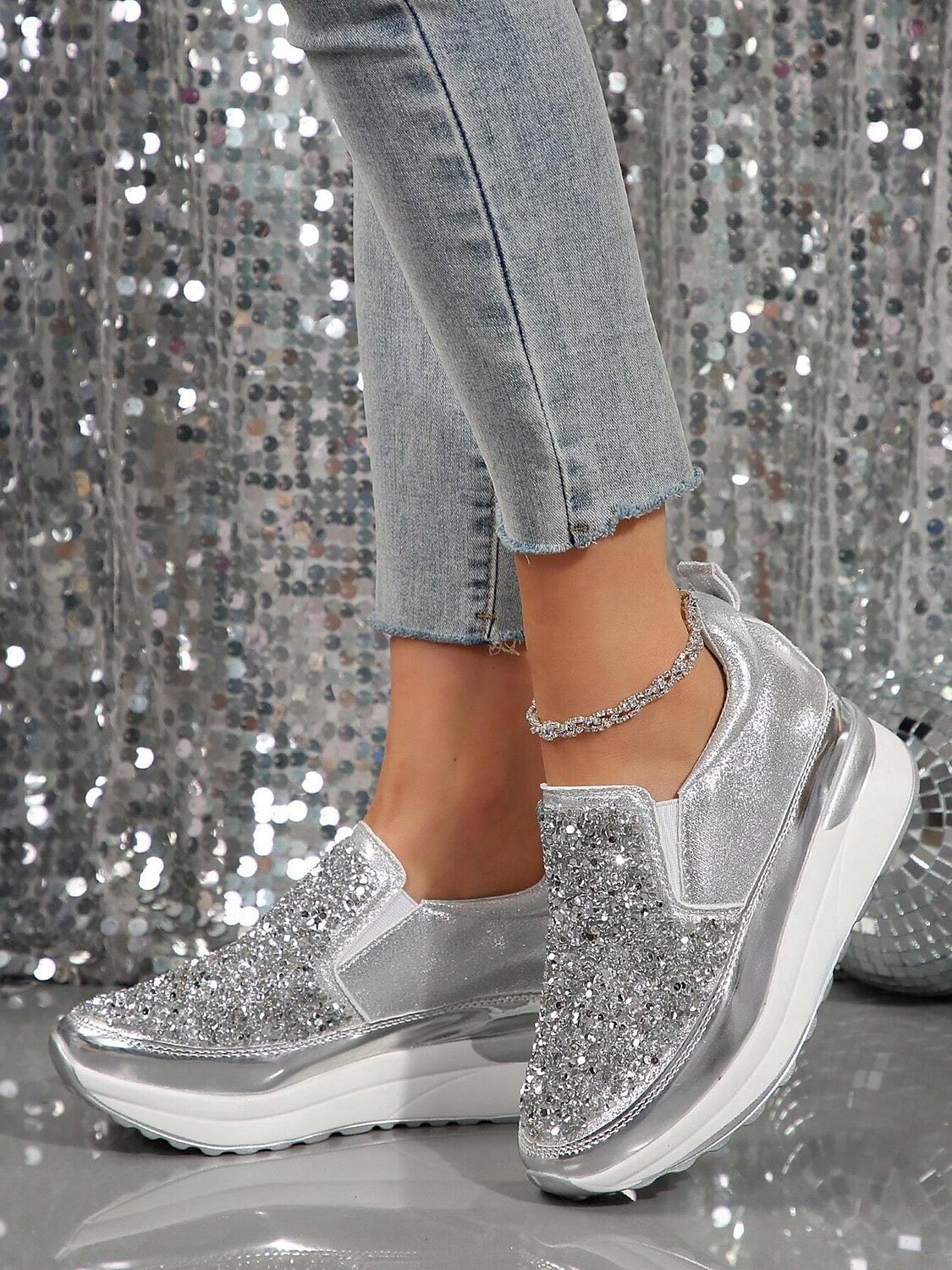 svarte slip-on joggesko for kvinner med glitterpynt og plattformsåle – stilige fritidssko for hverdagsbruk 2025 - $34.99 –P6