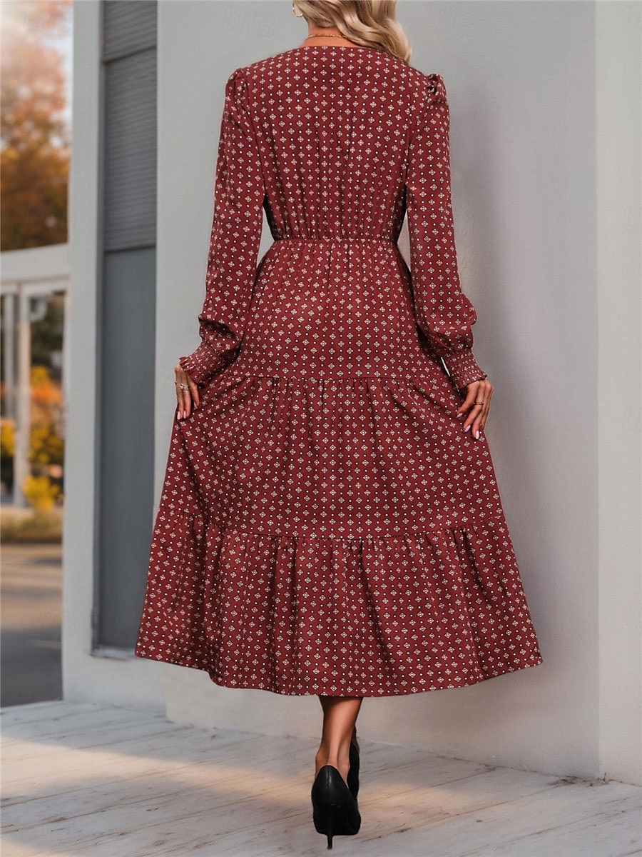 Femme Robe mi-longue Robe casual Robe Évasée Robe Trapèze Décontractées du quotidien Standard Floral manche longue Col V Vin Printemps Automne de 2025 ? $50.99 –P2