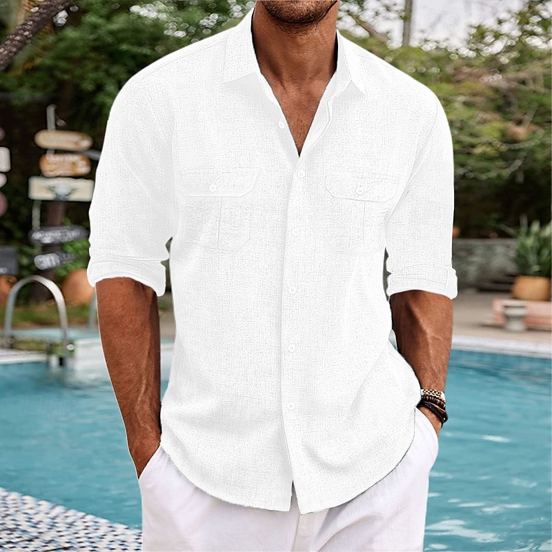 Voor heren Overhemd Katoenen linnen overhemd Zomer overhemd Strand Kleding Normaal shirt Overhemd met knopen Effen Vakantie Casual Zwart Wit blauw Lange mouw Revers Lente zomer Kleding Zak 2025 - $23.99 –P2