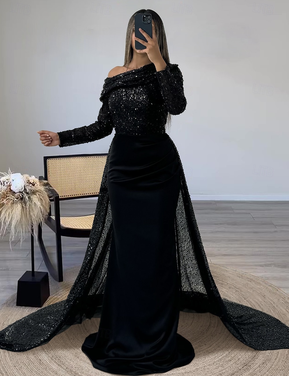 Abito da sera sagomato abito elegante formale strascico  spazzola maniche lunghe scollatura illusoria champagne madre della sposa abito in raso con perle sovraspettacolo del 2025 a $221.99 –P3