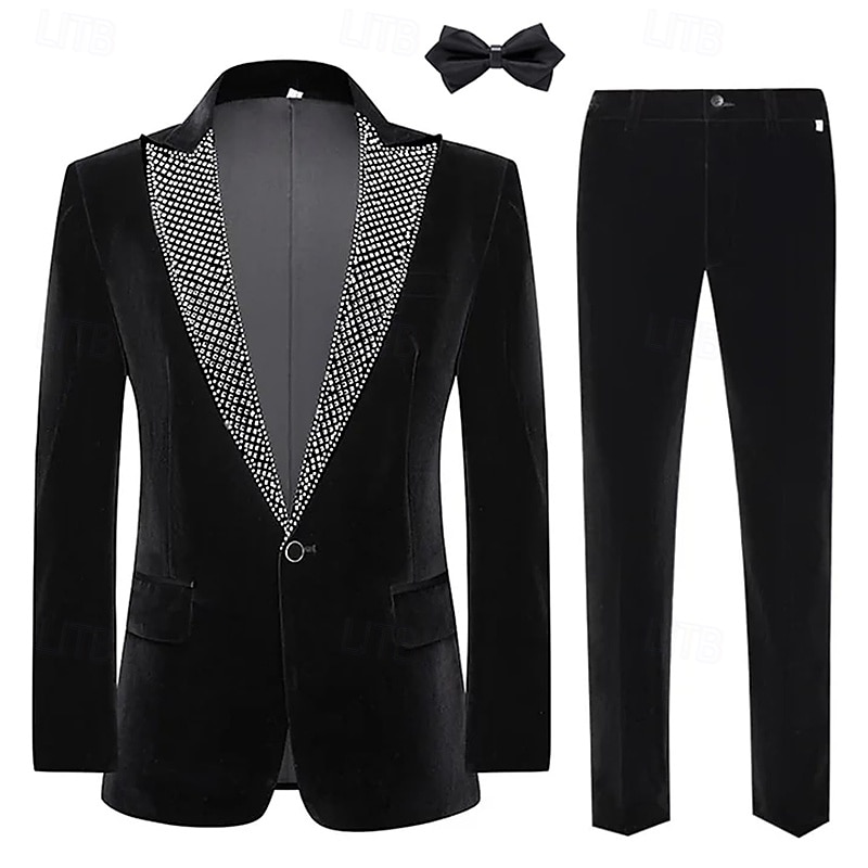 Costumes de soirée en velours pour hommes noir mode de Noël patchwork coupe standard 2 pièces à simple boutonnage de 2025 ? $132.99 –P1