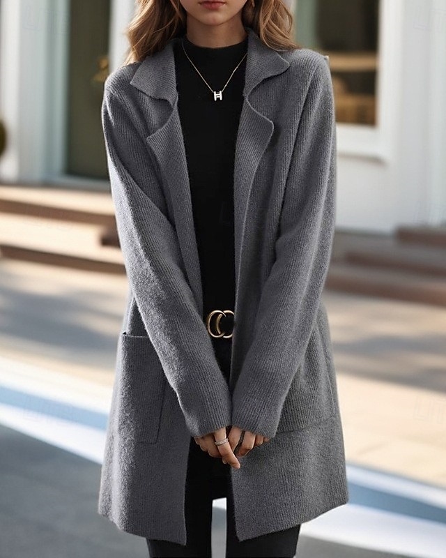 Women's Sweater Cardigan Sweater Jacket Shirt Collar Knit Pocket Knitted Spring Fall Home Daily Weekend Elegant Daily Casual Long Sleeve Pure Color Black Camel 2025 - $56.99 –P6
