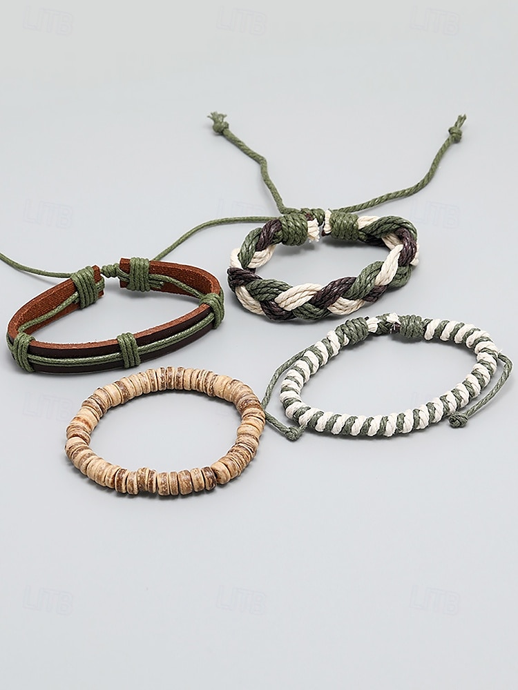 Men's Vintage Woven Bracelet Set – Multi-Layered Braided Leather and Rope Bracelets with Natural Bead Accents, Boho Style Accessory 2025 - $11.99 –P5