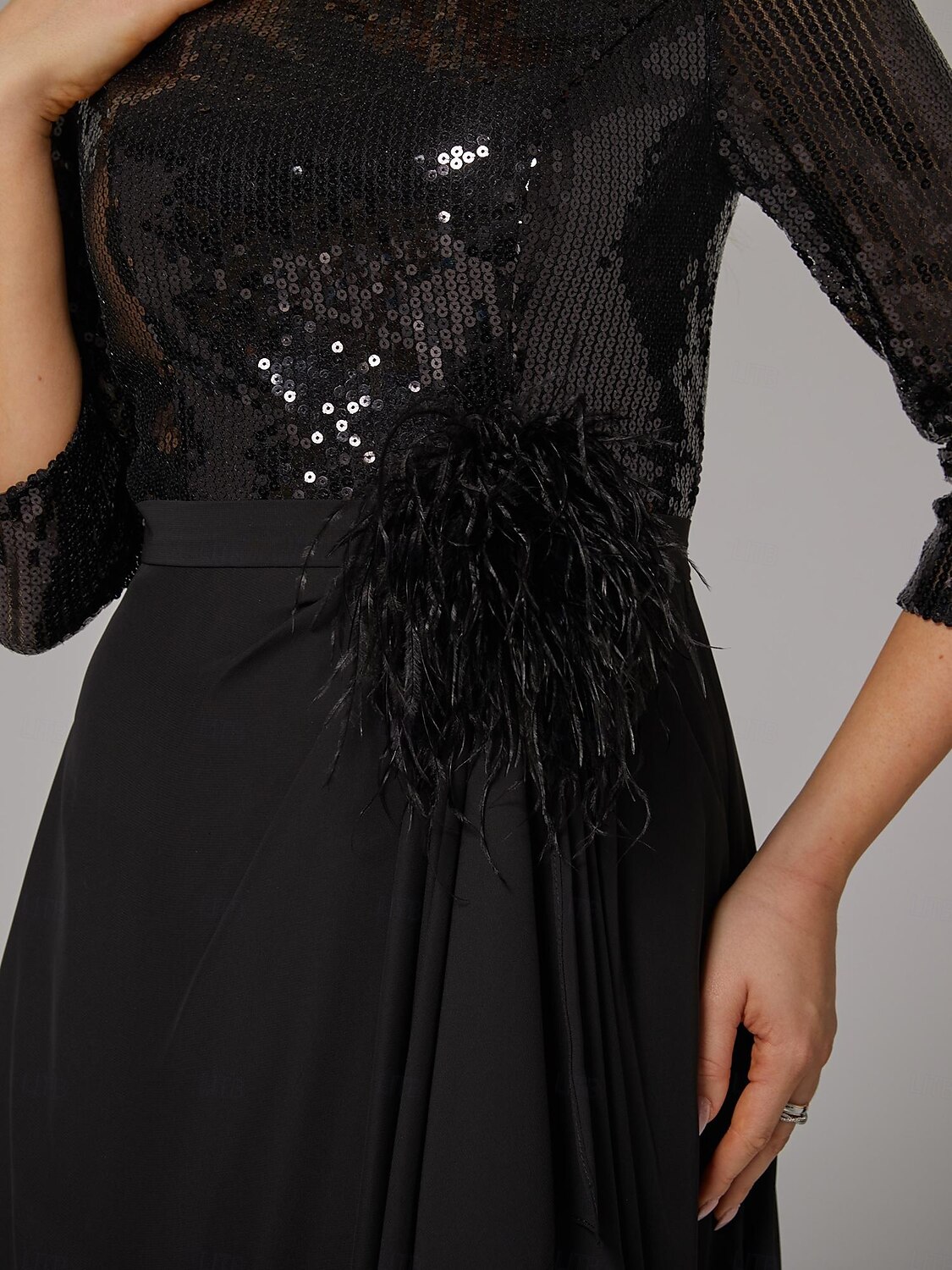 A-Linie Abendkleid elegantes Kleid formell asymmetrisch Langarm Stehkragen Chiffon mit Federn Perlen Pailletten 2025 2025 - $171.99 –P4