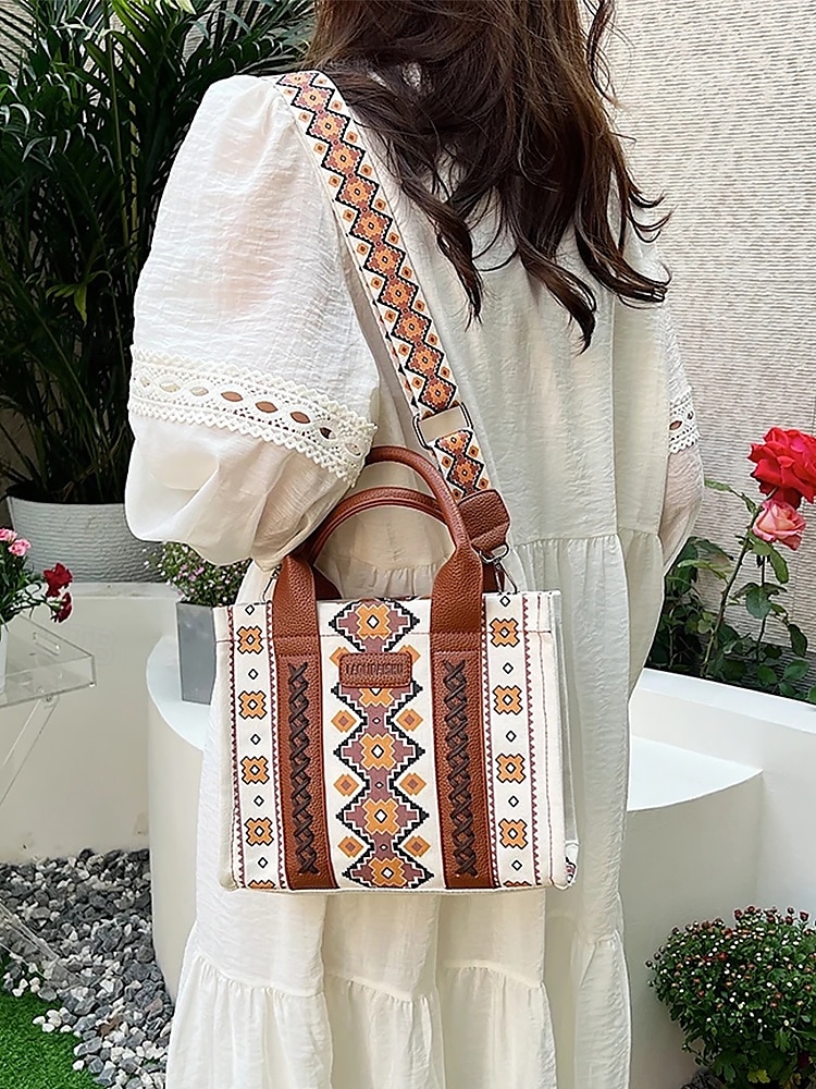 női boho etnikai mintás táska – vintage ihletésű vászon kézitáska bőr díszítéssel, ideális alkalmi kirándulásokhoz és mindennapi használatra 2025 - $26.99 –P3