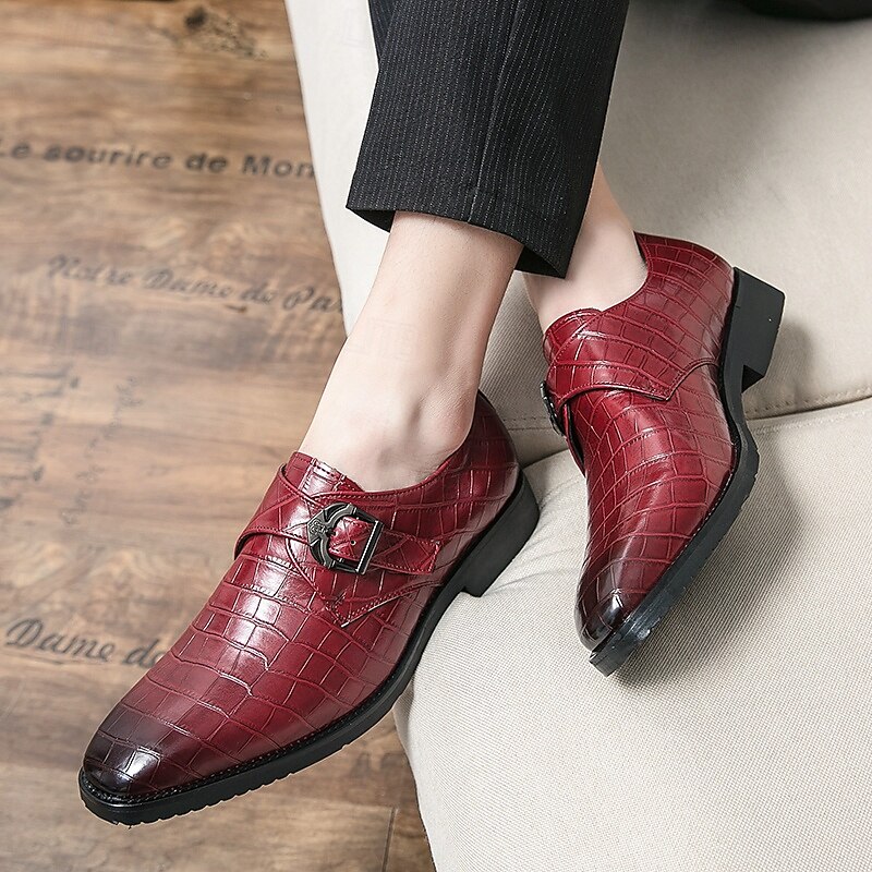 Men's Red Crocodile-Pattern Faux Leather Monk Strap Shoes – Sleek Formal Design with Metal Buckle for Weddings,Christmas and Business Attire 2025 - $46.99 –P4