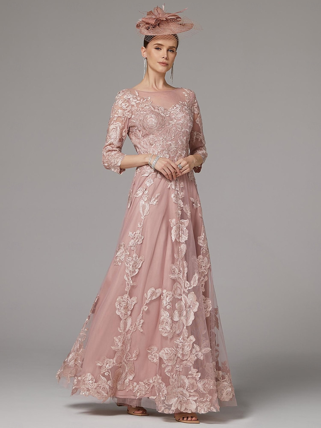 Linea ad A Abito Lunghezza al pavimento Abito da invitata a nozze Abito Formale Abito da sera Abito da cerimonia per signora Manica 3/4 Collo gioiello Elegante Ricevimento di matrimonio Pizzo con del 2026 a $264.49 –P7