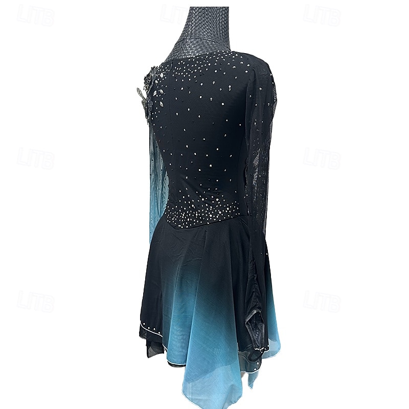 Figure Skating Dress Women's Girls' Ice Skating Dress Black Patchwork Thumbhole Mesh Spandex Stretchy Training Practice Professional Skating Wear Thermal Warm Crystal / Rhinestone Long Sleeve Ice 2025 - $294.49 –P6