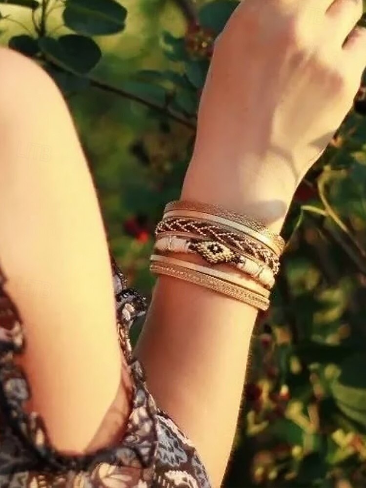 boho koralikowa wielowarstwowa skórzana bransoletka – modna damska bransoletka z zapięciem magnetycznym do swobodnych i boho stylizacji 2025 - $11.99 –P3