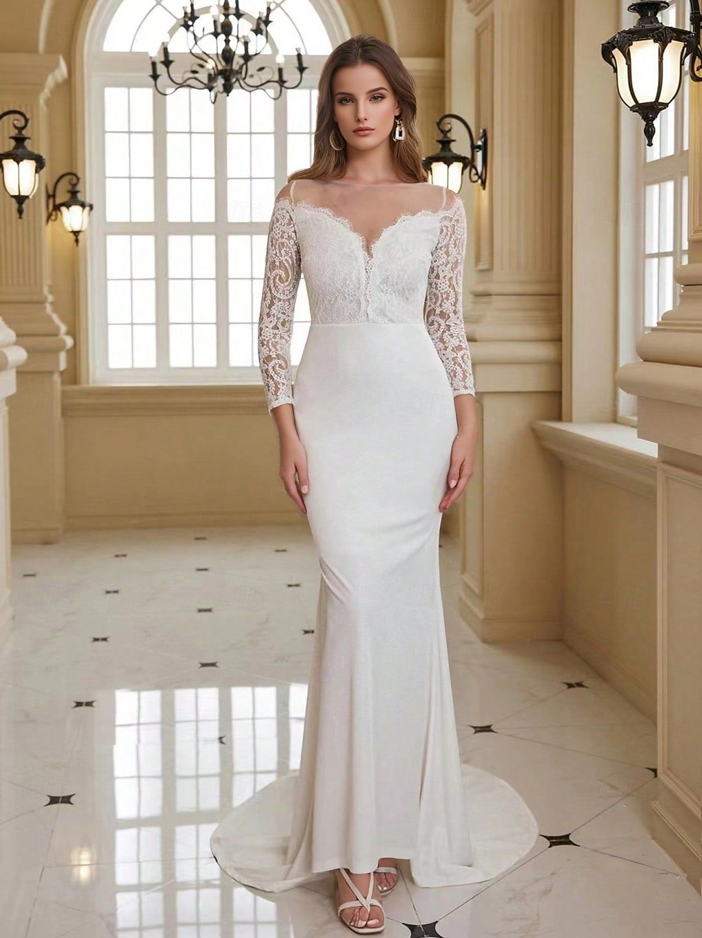 Brautkleider Meerjungfrau/Trompete Illusionsausschnitt Langarm Bodenlange Brautkleider aus Spitze mit Applikationen 2025 2025 - $126.99 –P1