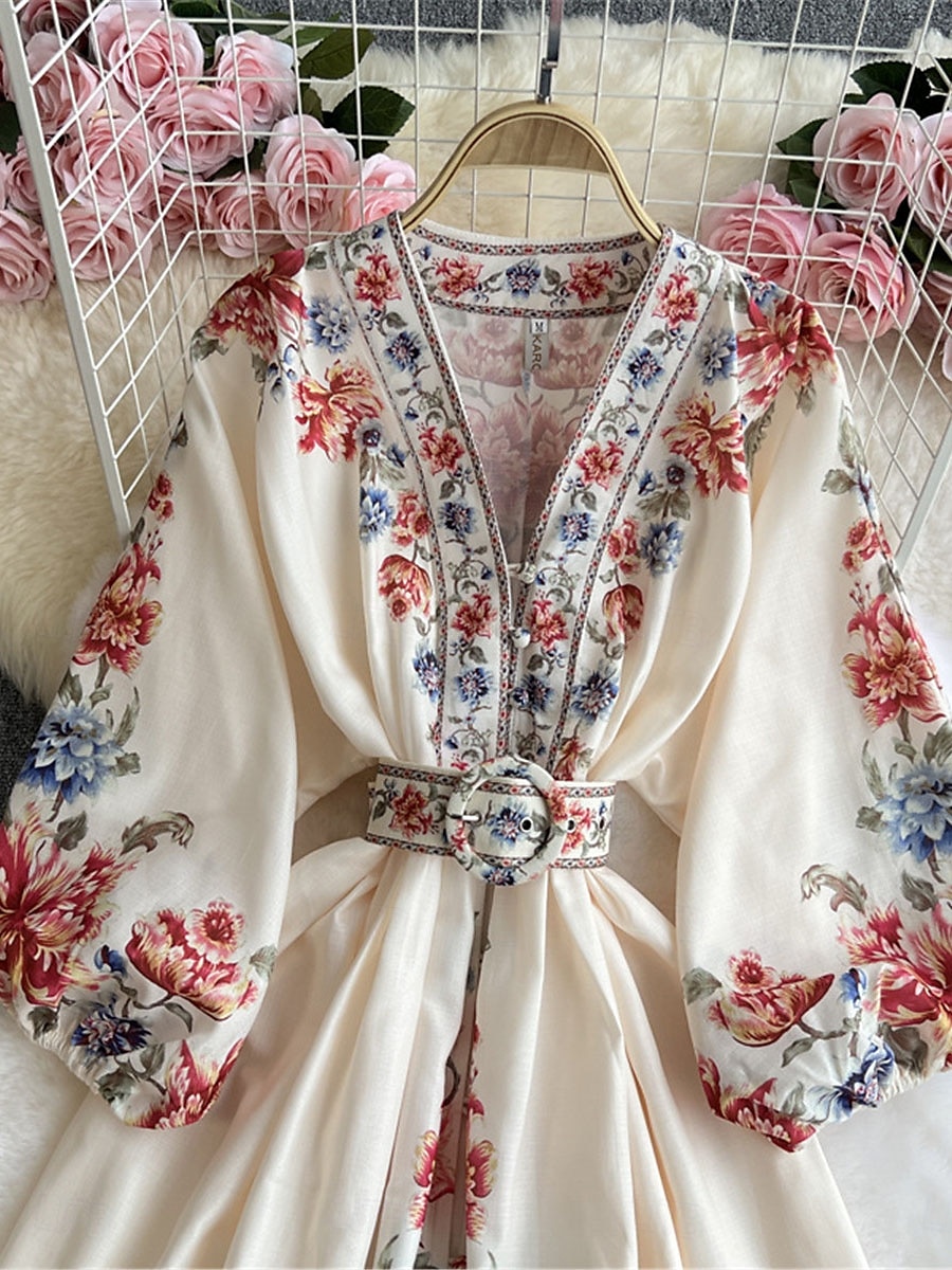 Femme Robe mi-longue Robe casual Robe Évasée Robe Trapèze robe boheme Rétro Vintage Décontractées du quotidien Standard Floral manche longue Col V Bleu de minuit Beige Printemps Automne de 2025 ? $74.99 –P3